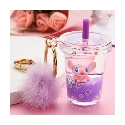 Acrylic Quicksand Keychain Pendant Milk Tea Cup Stitch Liquid Keychain Pompom Keychain