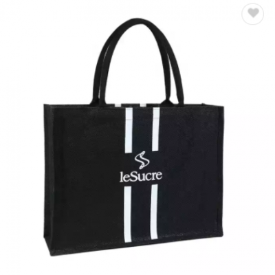 Custom Silk Screen Printing Black Jute Tote Bag With White Logo Printed