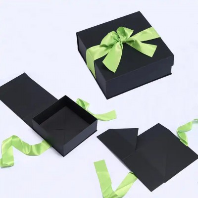 Custom luxury folding black cardboard foldable magnetic gift box with ribbon