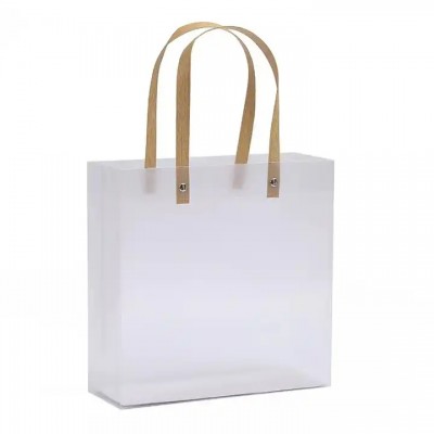 Custom Logo PP Folding Waterproof Transparent Plastic Package Clear Shopping Bag with Leg Along Hand