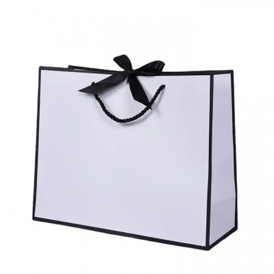 Wholesale Ribbon Bow Tie White Paper Shopping Bag Custom Printing Cosmetic Gift Paper Bag