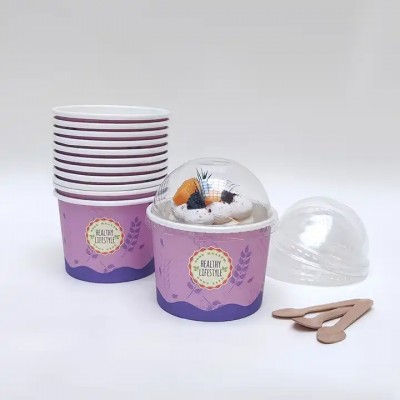 Customized Printed Biodegradable Disposable Paper 100ml Ice Cream Paper Cups With Flat Plastic Lids